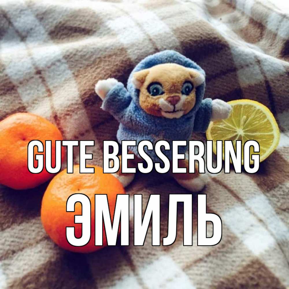 Открытка на каждый день с именем, Эмиль Gute Besserung вот тебе апельсинка и лимон Прикольная открытка с пожеланием онлайн скачать бесплатно 
