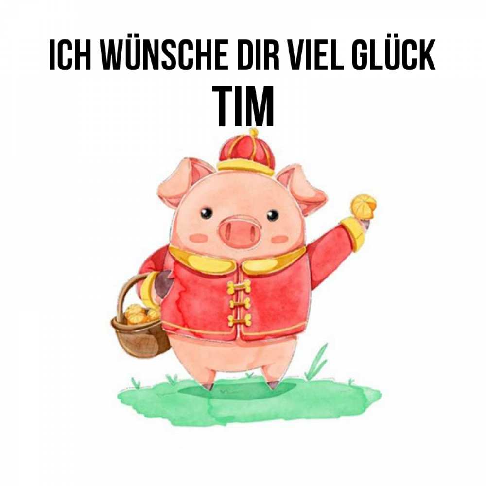 Открытка на каждый день с именем, Tim Ich wünsche dir viel Glück поросенок Прикольная открытка с пожеланием онлайн скачать бесплатно 