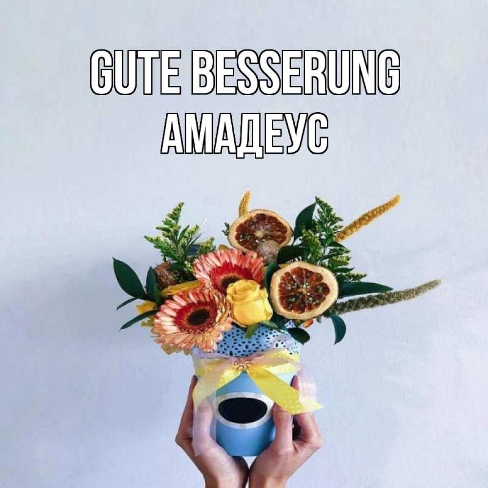 Открытка на каждый день с именем, Амадеус Gute Besserung в руках букет полезный Прикольная открытка с пожеланием онлайн скачать бесплатно 