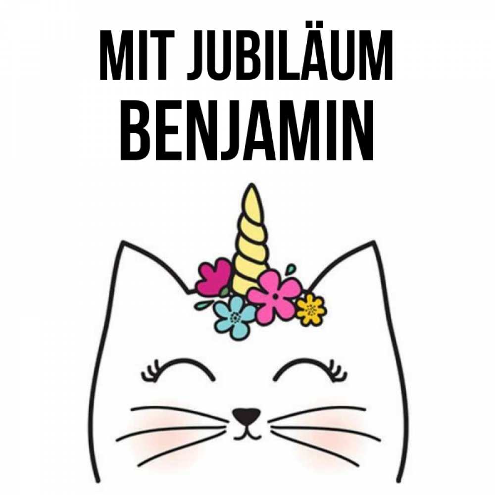 Открытка на каждый день с именем, Benjamin Mit Jubiläum милый кот с одним рожком Прикольная открытка с пожеланием онлайн скачать бесплатно 