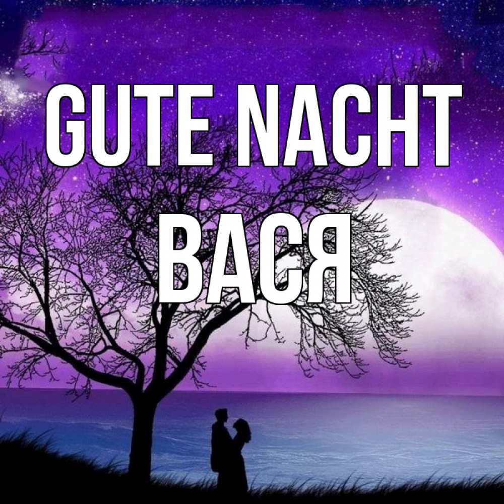 Открытка на каждый день с именем, Вася Gute Nacht огромная луна и парочка Прикольная открытка с пожеланием онлайн скачать бесплатно 