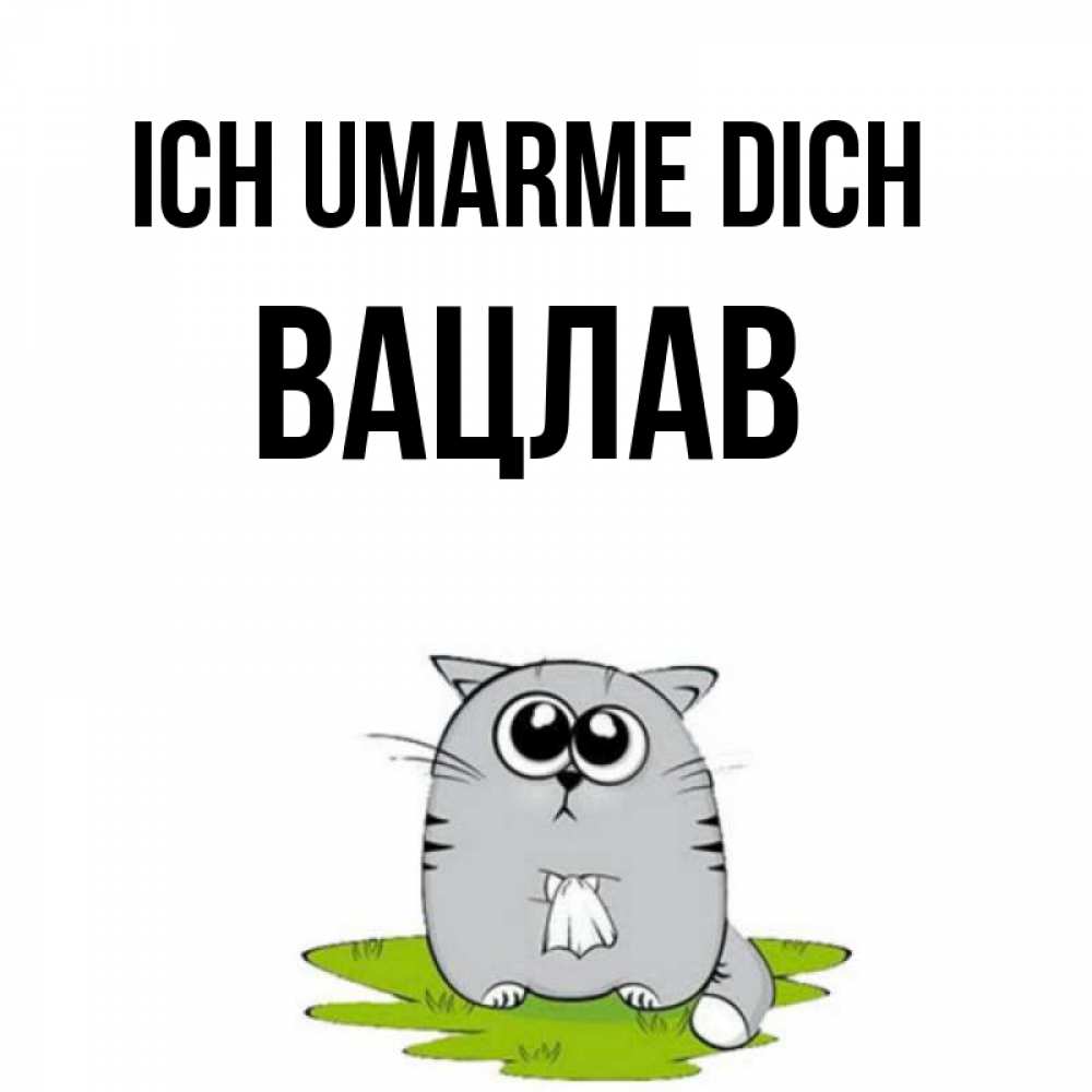 Открытка на каждый день с именем, Вацлав Ich umarme dich котик теребит платочек сидя на травке Прикольная открытка с пожеланием онлайн скачать бесплатно 